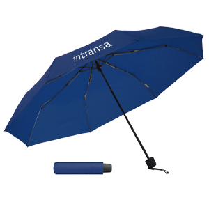 Picture showing an open Knirps umbrella with logo, and the same umbrella in its case next to it