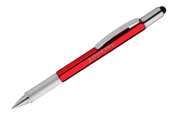 A classic, plastic promotional pen bearing a logo can be seen here.